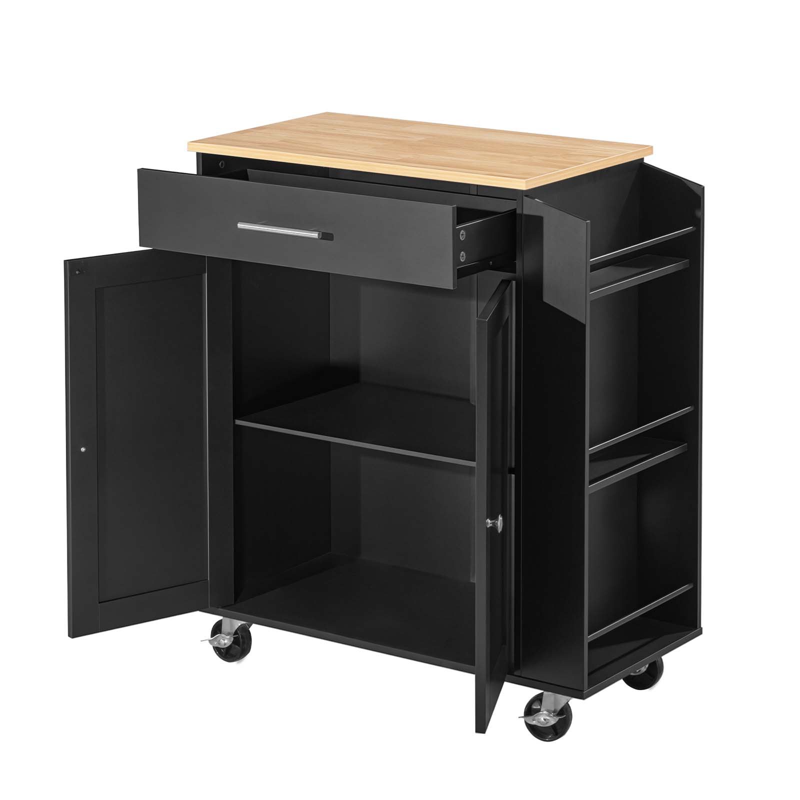 VEVOR Keukeneilandtrolley met 1 lade en 2 deuren, zwart, verrijdbaar keukeneiland, keukentrolley met kruidenrek, handdoekrek, tafelblad (640 x 380 x 15 mm) en verstelbare planken voor de eetkamer