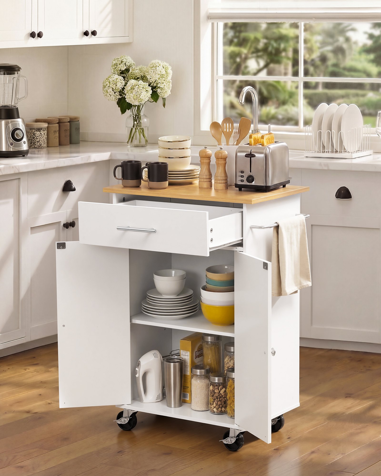 VEVOR Keukeneilandtrolley met 1 lade en 2 deuren, wit, verrijdbaar keukeneiland, keukentrolley met kast, handdoekrek, tafelblad (600 x 380 x 15 mm) en haken voor eetkamer, keuken, mobiele serveerwagen