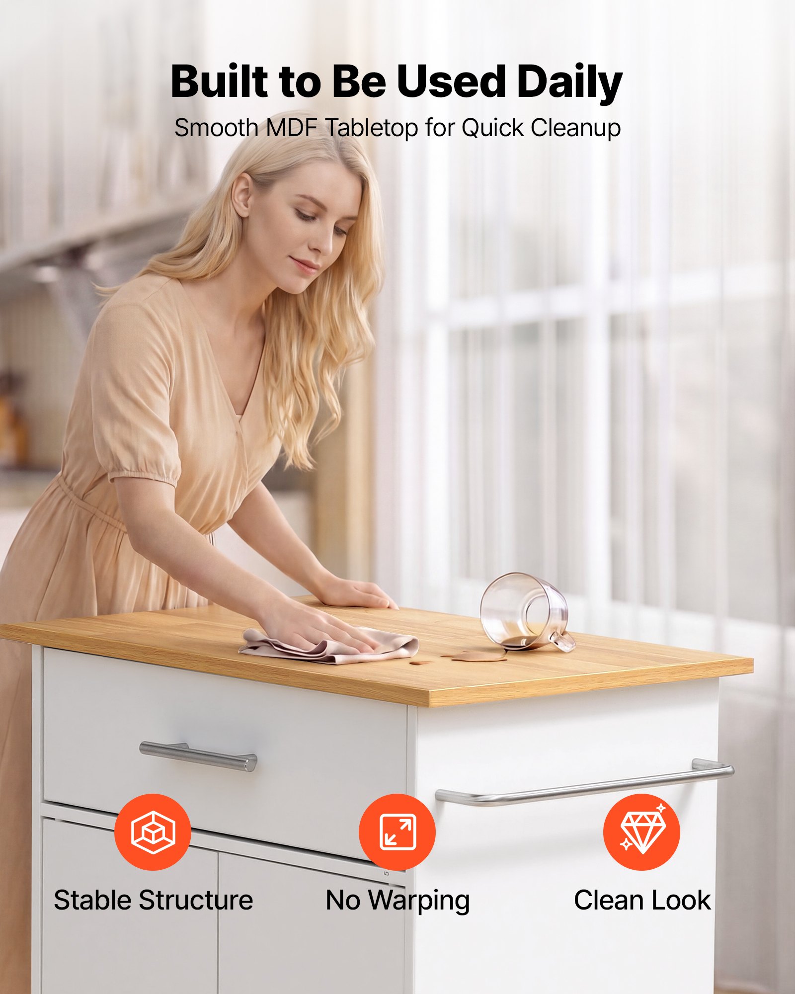VEVOR Keukeneilandtrolley met 1 lade en 2 deuren, wit, verrijdbaar keukeneiland, keukentrolley met kast, handdoekrek, tafelblad (600 x 380 x 15 mm) en haken voor eetkamer, keuken, mobiele serveerwagen