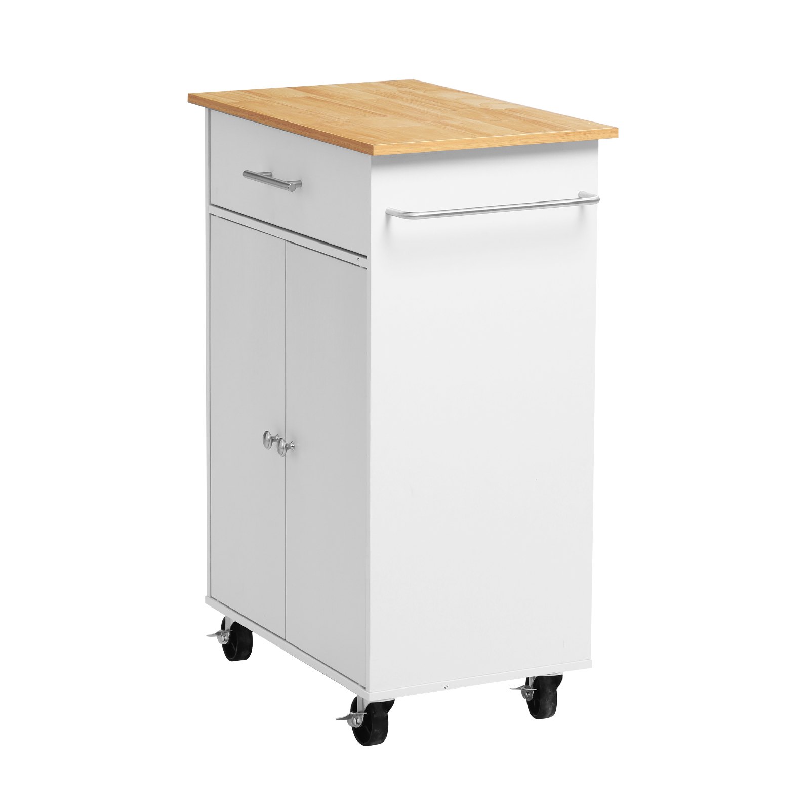 VEVOR Keukeneilandtrolley met 1 lade en 2 deuren, wit, verrijdbaar keukeneiland, keukentrolley met kast, handdoekrek, tafelblad (600 x 380 x 15 mm) en haken voor eetkamer, keuken, mobiele serveerwagen
