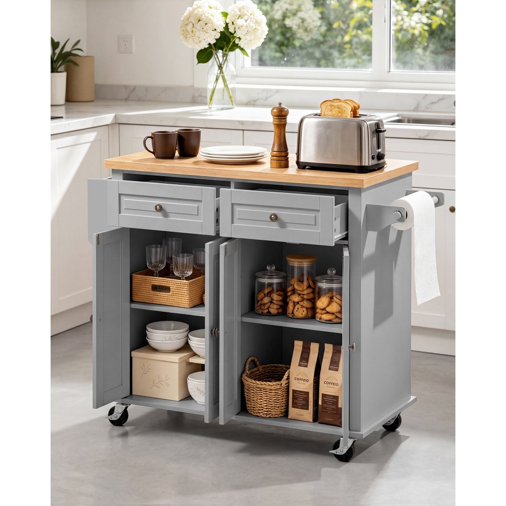 VEVOR Keukeneilandtrolley met 2 lades en 2 deuren, verrijdbaar keukeneiland, grijs, keukentrolley met kruidenrek, handdoekrek en tafelblad (900 x 450 x 27 mm) voor eetkamer, keuken, serveerwagen