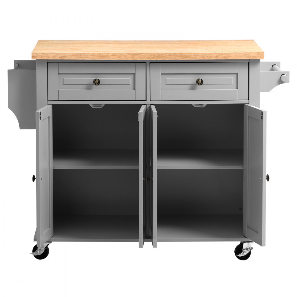 VEVOR Keukeneilandtrolley met 2 lades en 2 deuren, verrijdbaar keukeneiland, grijs, keukentrolley met kruidenrek, handdoekrek en tafelblad (900 x 450 x 27 mm) voor eetkamer, keuken, serveerwagen