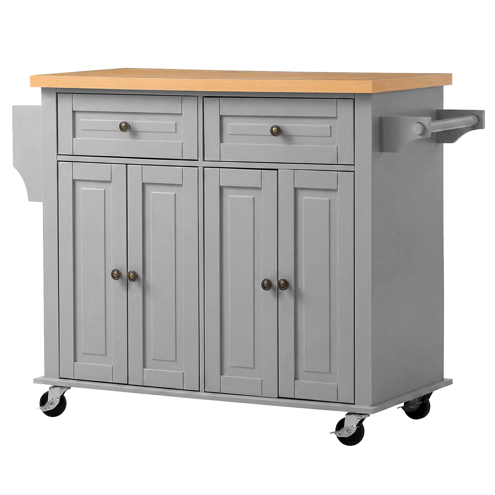 VEVOR Keukeneilandtrolley met 2 lades en 2 deuren, verrijdbaar keukeneiland, grijs, keukentrolley met kruidenrek, handdoekrek en tafelblad (900 x 450 x 27 mm) voor eetkamer, keuken, serveerwagen