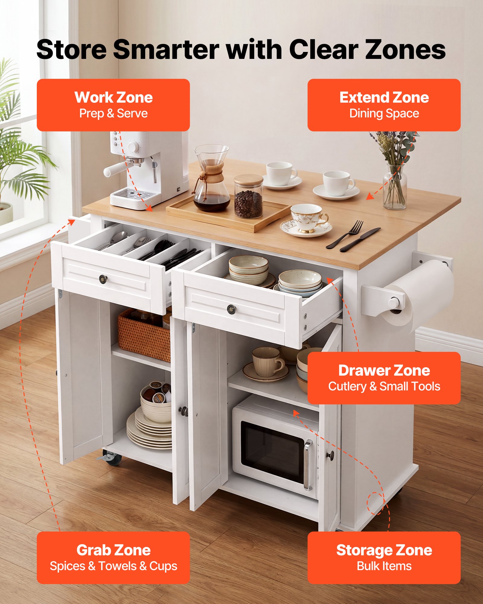 VEVOR Keukeneilandtrolley met 2 lades en 4 deuren, verrijdbaar keukeneiland, wit, keukentrolley met kruidenrek, handdoekrek en uitklapbaar werkblad (900 x 395 x 15 mm) voor eetkamer, serveerwagen