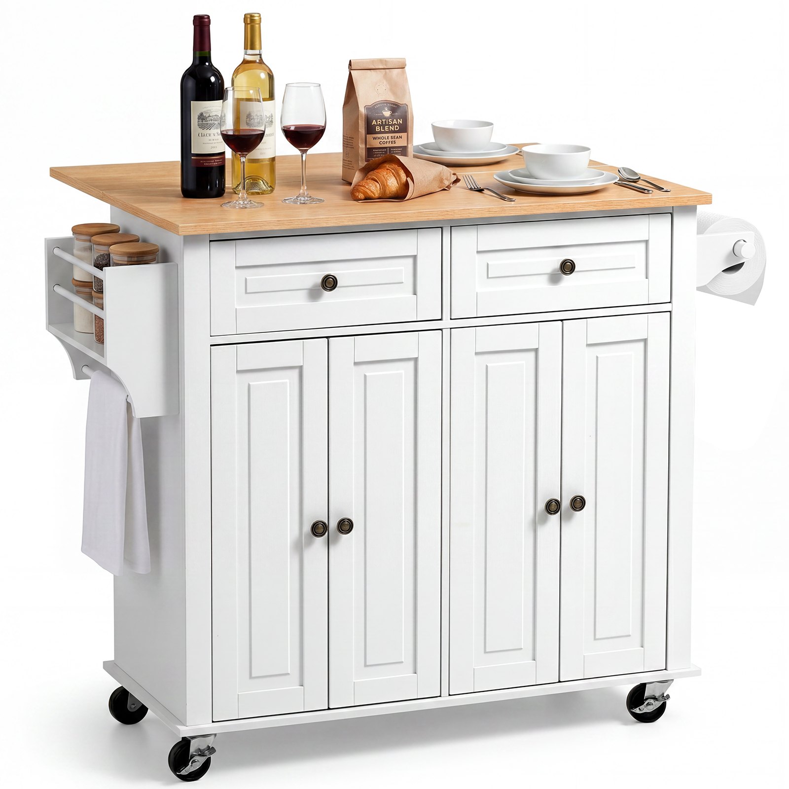VEVOR Keukeneilandtrolley met 2 lades en 4 deuren, verrijdbaar keukeneiland, wit, keukentrolley met kruidenrek, handdoekrek en uitklapbaar werkblad (900 x 395 x 15 mm) voor eetkamer, serveerwagen
