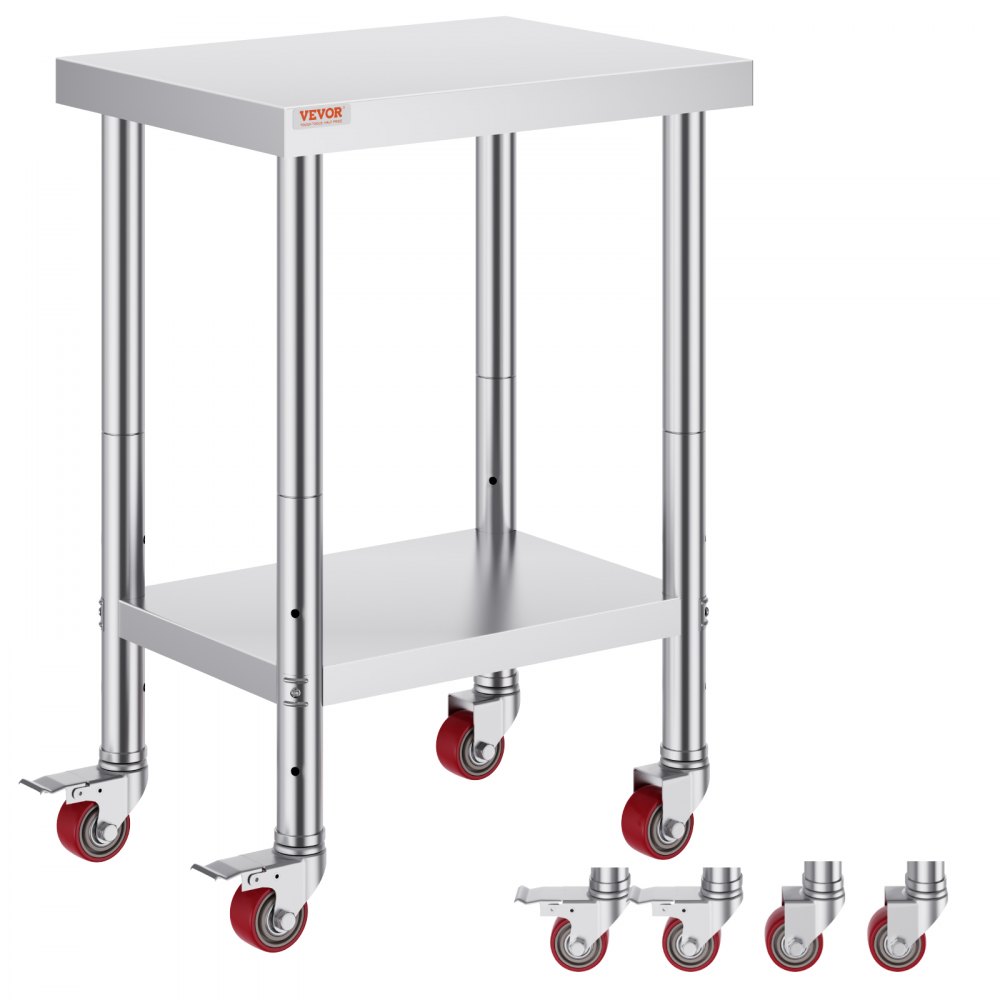 VEVOR roestvrijstalen werktafel met rode zwenkwielen en onderplank.