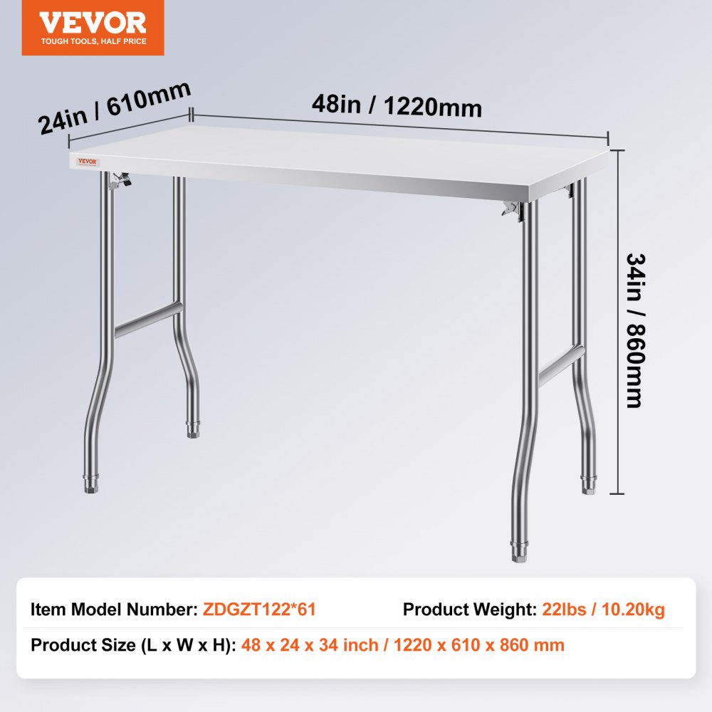 VEVOR Werktafel Keukentafel, Zilver Roestvrij Stalen Werktafel, 1220 x 610 x 850 mm Commerciële Werktafel, Gebruikt in de Gezinskeuken, Garage, Commerciële Keuken, Restaurant, Koffieshop, Laboratorium