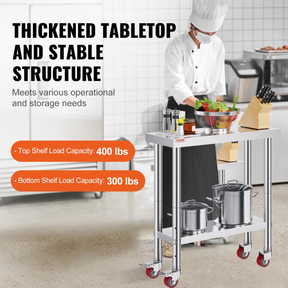 VEVOR Stainless Steel Catering Work Table 30x12 Inch Commercial Kitchen Table with 4 Wheels Commercial Food Prep Workbench with Flexible Adjustment Shelf for Kitchen Prep Table