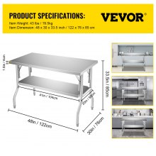 VEVOR commerciële werktafel, 1220 x 762 mm, opvouwbare commerciële voorbereidingstafel, klaptafel met dubbele plank, roestvrijstalen keukenwerktafel met een draagvermogen van 350 kg, zilver keukeneiland