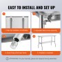 easy assembly steps of VEVOR commercial worktable, from tabletop to frame installation.