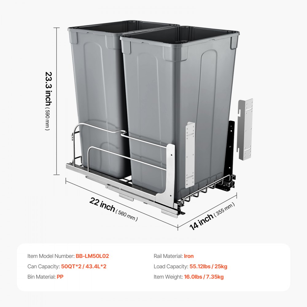 VEVOR Uitschuifbare Afvalbak (50 Qt x2), Dubbele Afvalbak voor Onder het Aanrecht, Prullenbak met Deur en Soft-Close Schuifmechanisme, voor Keukenkastjes, Spoelbak en Onder Het Aanrecht (Grijs)