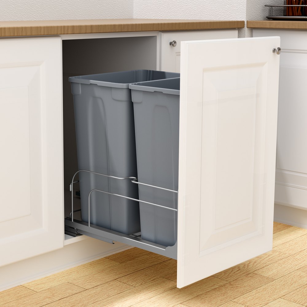 VEVOR Uitschuifbare Afvalbak (50 Qt x2), Dubbele Afvalbak voor Onder het Aanrecht, Prullenbak met Deur en Soft-Close Schuifmechanisme, voor Keukenkastjes, Spoelbak en Onder Het Aanrecht (Grijs)