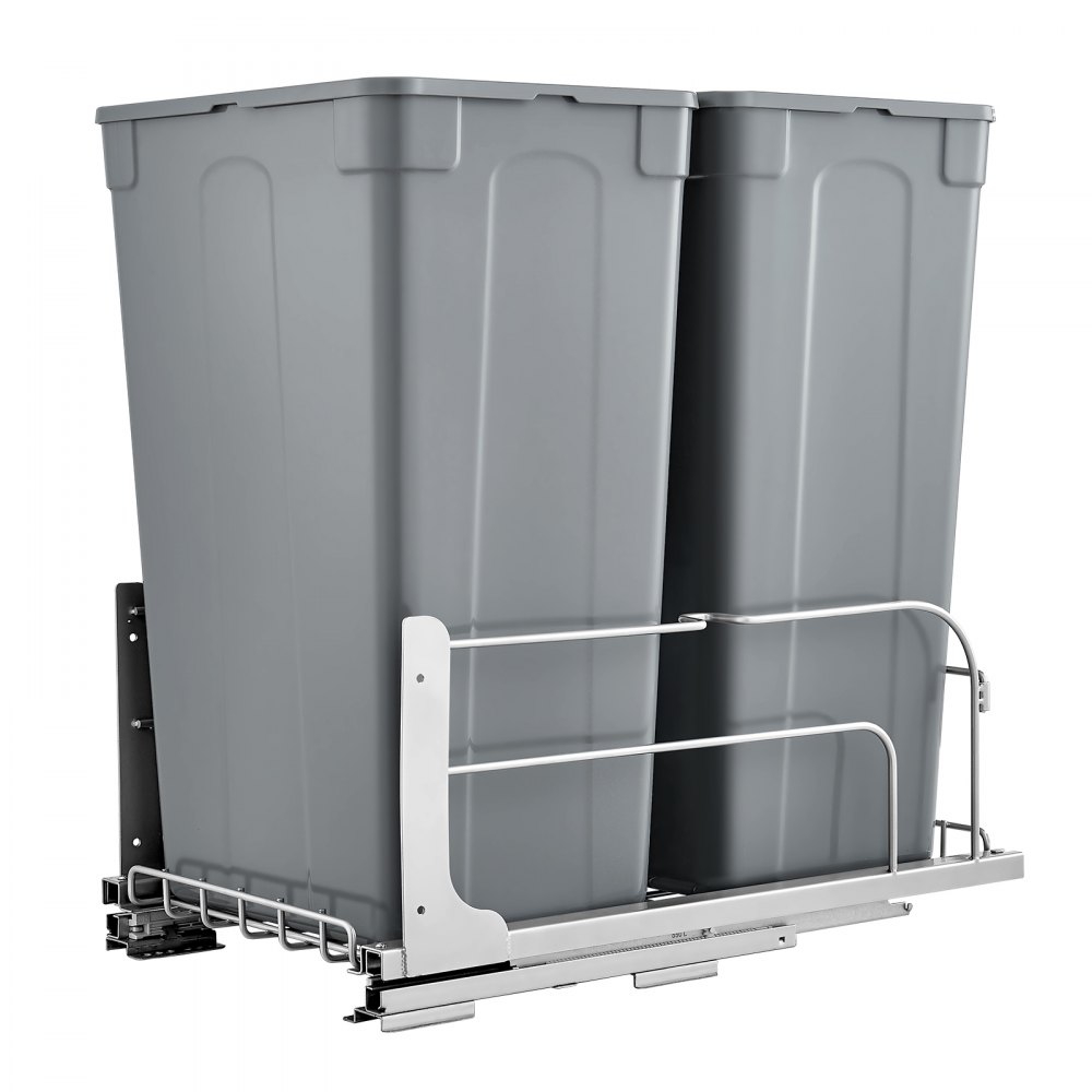 VEVOR Uitschuifbare Afvalbak (50 Qt x2), Dubbele Afvalbak voor Onder het Aanrecht, Prullenbak met Deur en Soft-Close Schuifmechanisme, voor Keukenkastjes, Spoelbak en Onder Het Aanrecht (Grijs)