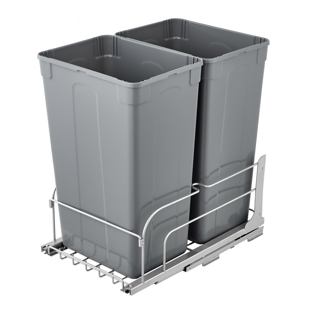VEVOR Uitschuifbare Afvalbak (50 Qt x2), Dubbele Afvalbak voor Onder het Aanrecht, Prullenbak met Deur en Soft-Close Schuifmechanisme, voor Keukenkastjes, Spoelbak en Onder Het Aanrecht (Grijs)
