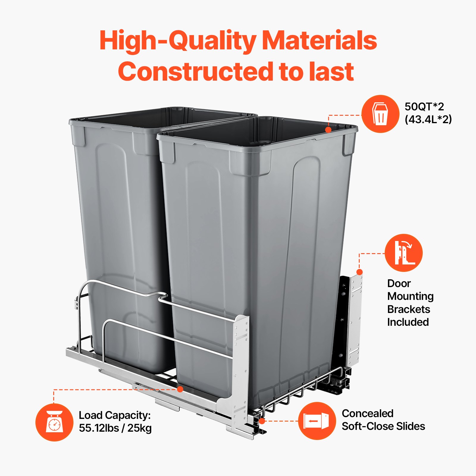 VEVOR Uitschuifbare Afvalbak (50 Qt x2), Dubbele Afvalbak voor Onder het Aanrecht, Prullenbak met Deur en Soft-Close Schuifmechanisme, voor Keukenkastjes, Spoelbak en Onder Het Aanrecht (Grijs)