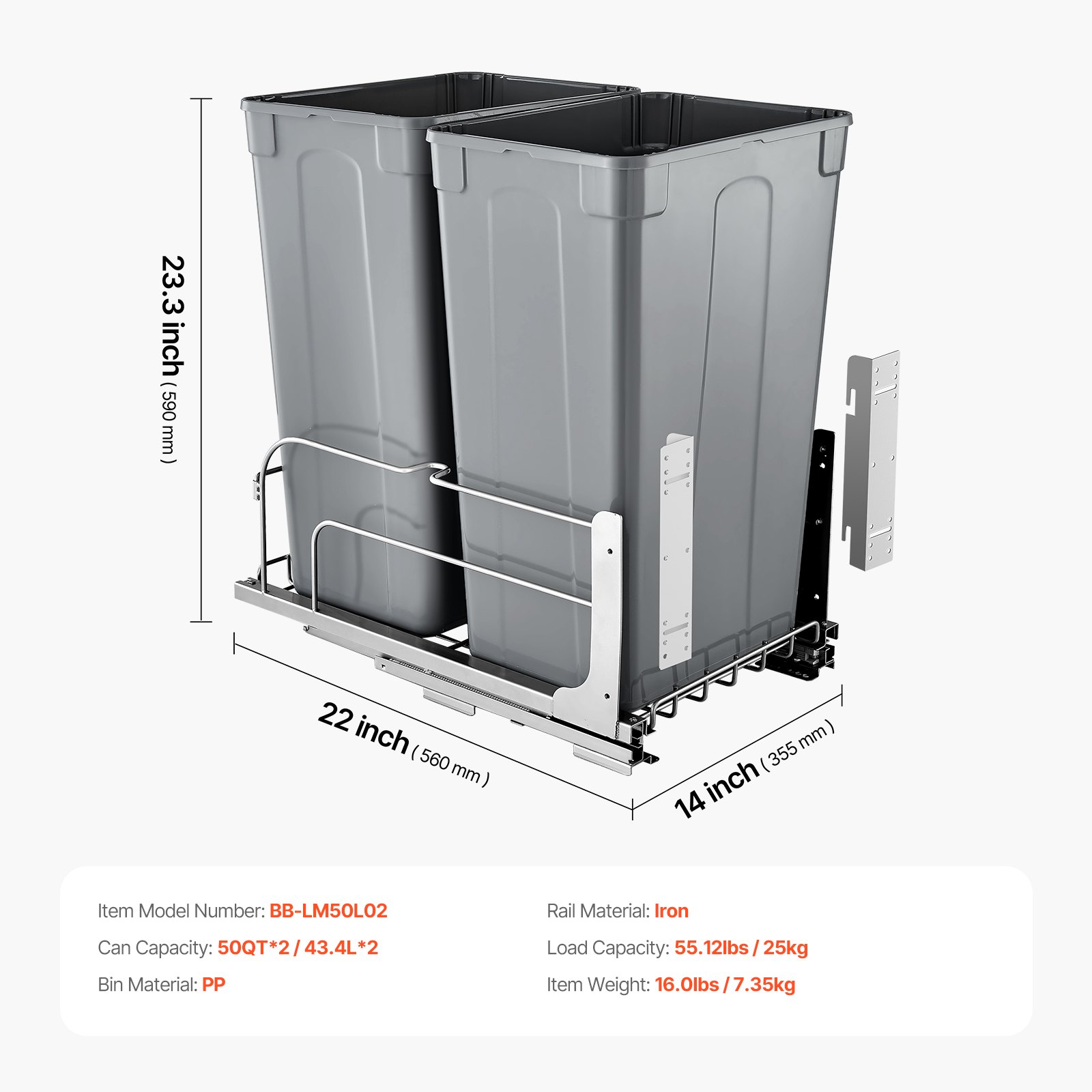 VEVOR Uitschuifbare Afvalbak (50 Qt x2), Dubbele Afvalbak voor Onder het Aanrecht, Prullenbak met Deur en Soft-Close Schuifmechanisme, voor Keukenkastjes, Spoelbak en Onder Het Aanrecht (Grijs)