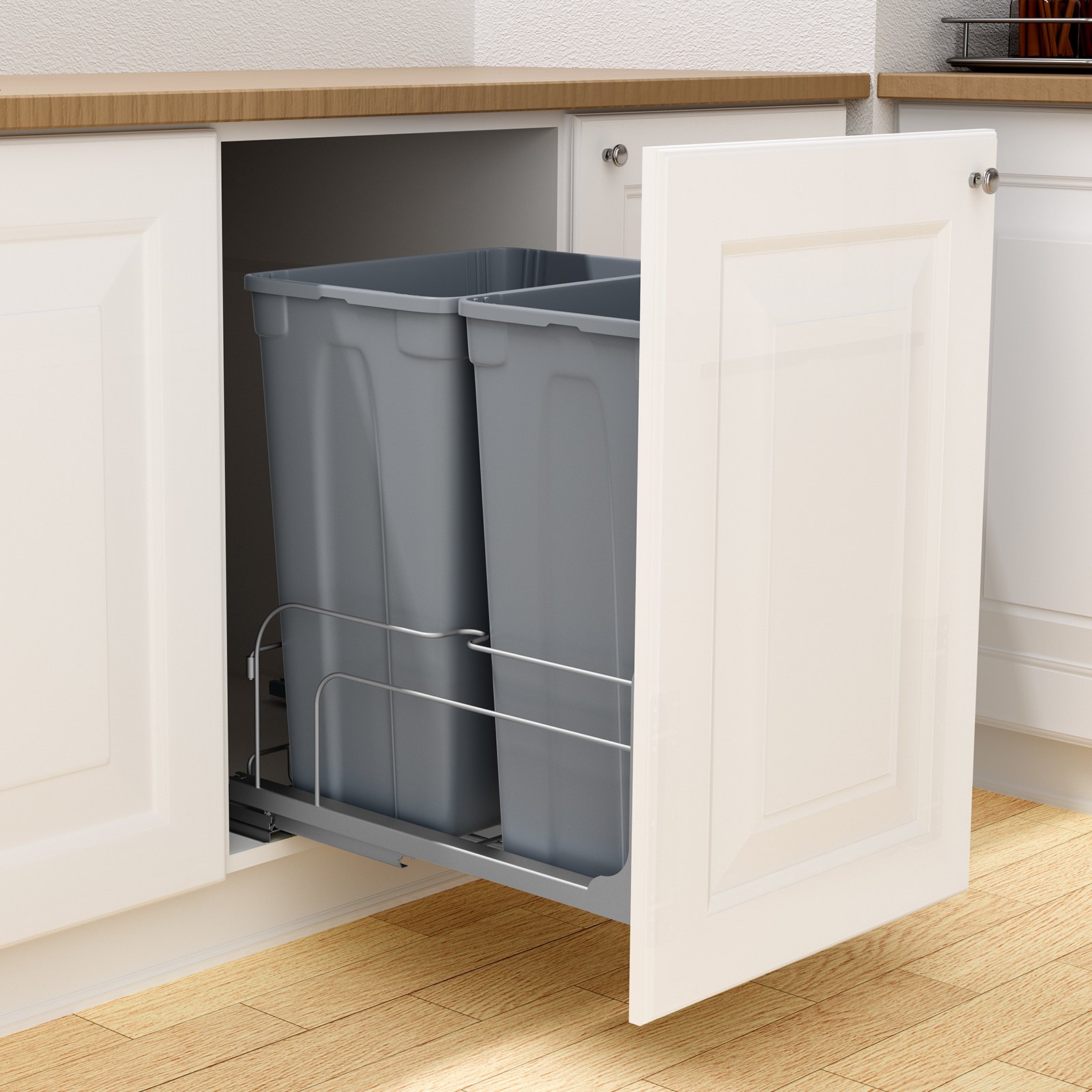 VEVOR Uitschuifbare Afvalbak (50 Qt x2), Dubbele Afvalbak voor Onder het Aanrecht, Prullenbak met Deur en Soft-Close Schuifmechanisme, voor Keukenkastjes, Spoelbak en Onder Het Aanrecht (Grijs)