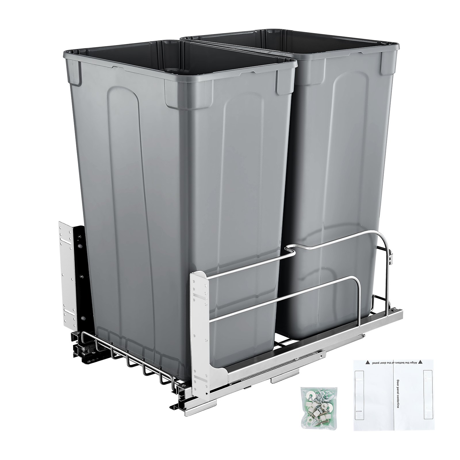 VEVOR Uitschuifbare Afvalbak (50 Qt x2), Dubbele Afvalbak voor Onder het Aanrecht, Prullenbak met Deur en Soft-Close Schuifmechanisme, voor Keukenkastjes, Spoelbak en Onder Het Aanrecht (Grijs)