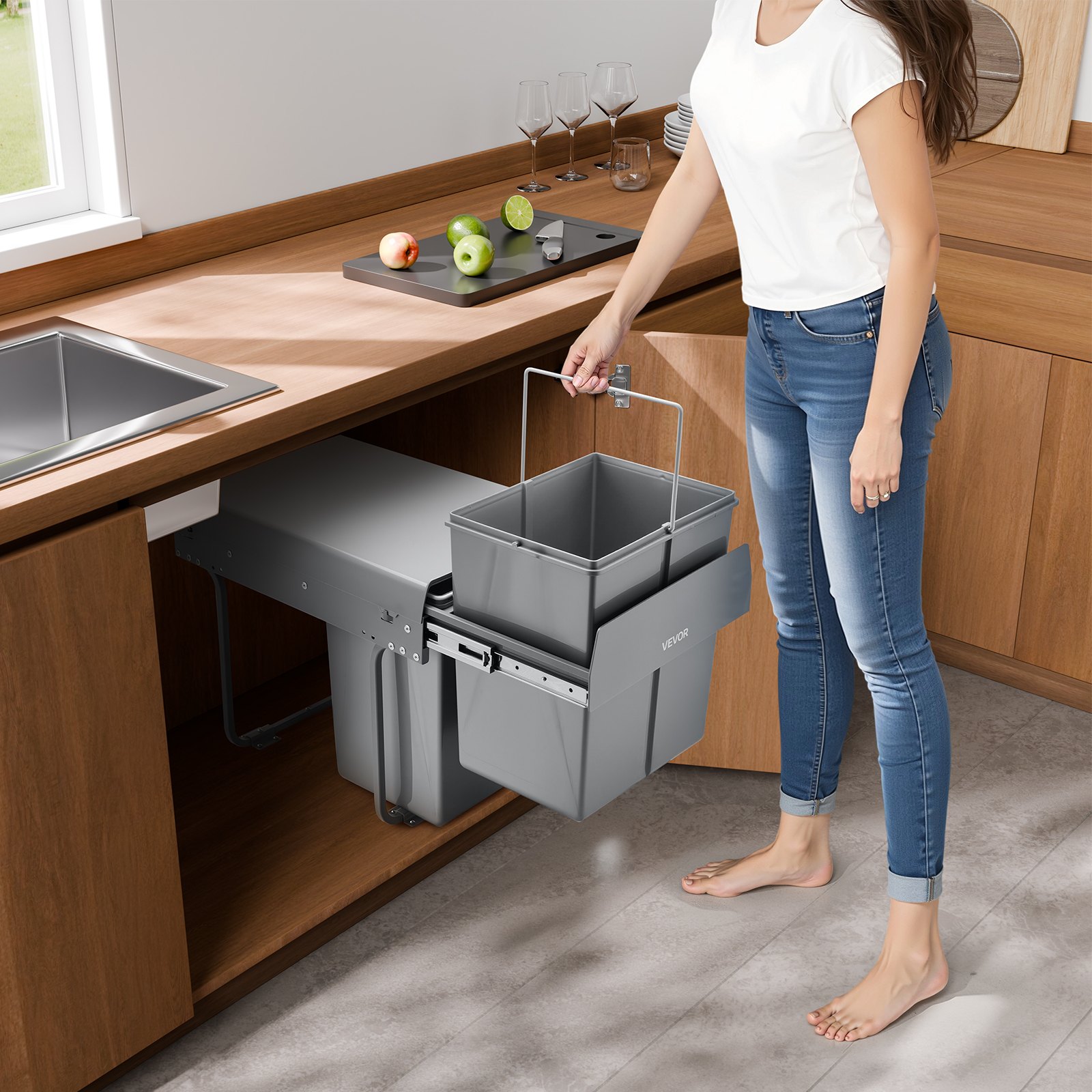 VEVOR Pullout Trash Can for Kitchen Cabinets, 20Lx2 Double Under Sink Garbage Waste Recycling Bin, Under Mount Waste Container, with Heavy Duty Metal Full Extension Sliding System and Handle