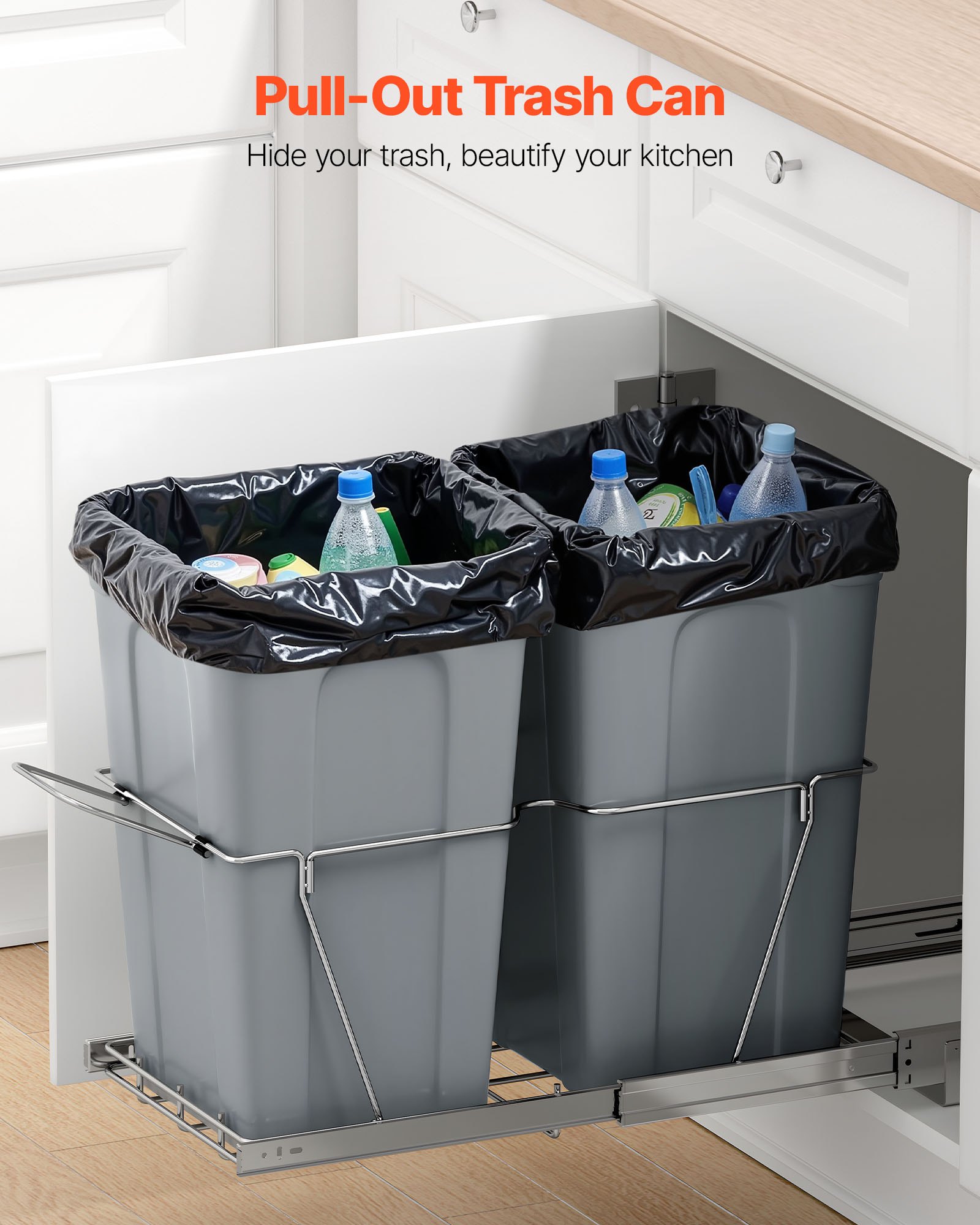 VEVOR Pullout Trash Can for Kitchen Cabinets,Double Under Sink Garbage Waste Recycling Bin, Under Mount Waste Container, with Heavy Duty Metal Full Extension Sliding System and Handle
