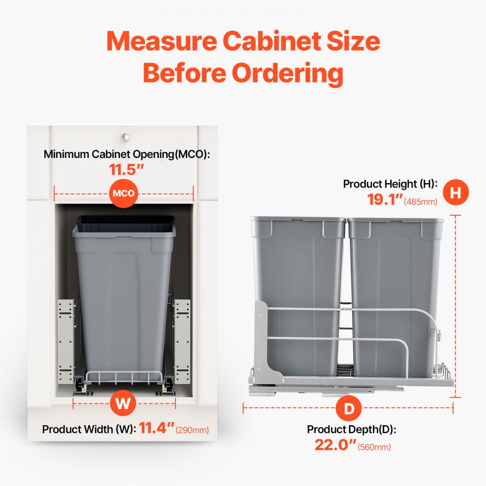 VEVOR Uittrekbare prullenbak (27 qt x 2), dubbele onderbouw-prullenbak voor in de keuken, vuilnisbak met deurset en soft-close schuif, voor keukenkastjes, spoelbak onder het aanrecht (grijs)