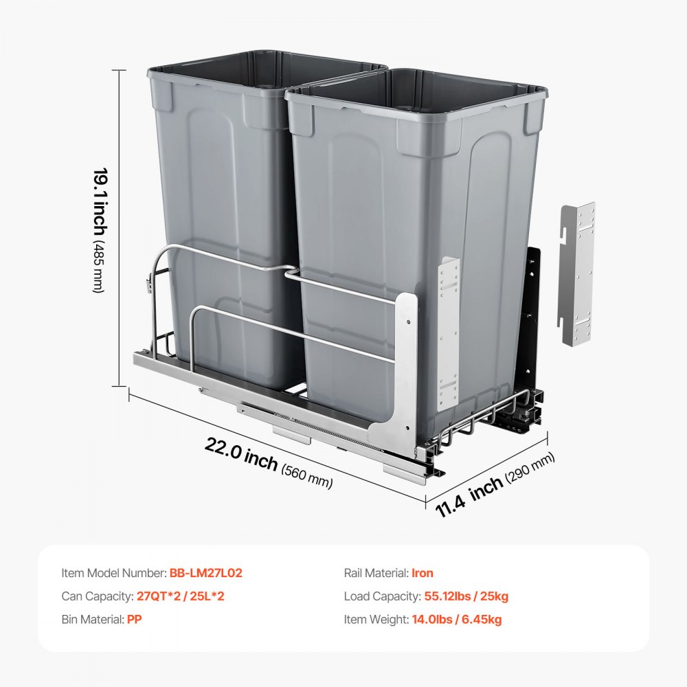 VEVOR Uittrekbare prullenbak (27 qt x 2), dubbele onderbouw-prullenbak voor in de keuken, vuilnisbak met deurset en soft-close schuif, voor keukenkastjes, spoelbak onder het aanrecht (grijs)