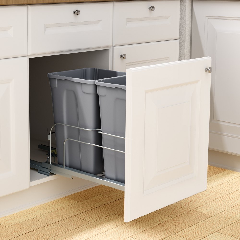 VEVOR Uittrekbare prullenbak (27 qt x 2), dubbele onderbouw-prullenbak voor in de keuken, vuilnisbak met deurset en soft-close schuif, voor keukenkastjes, spoelbak onder het aanrecht (grijs)