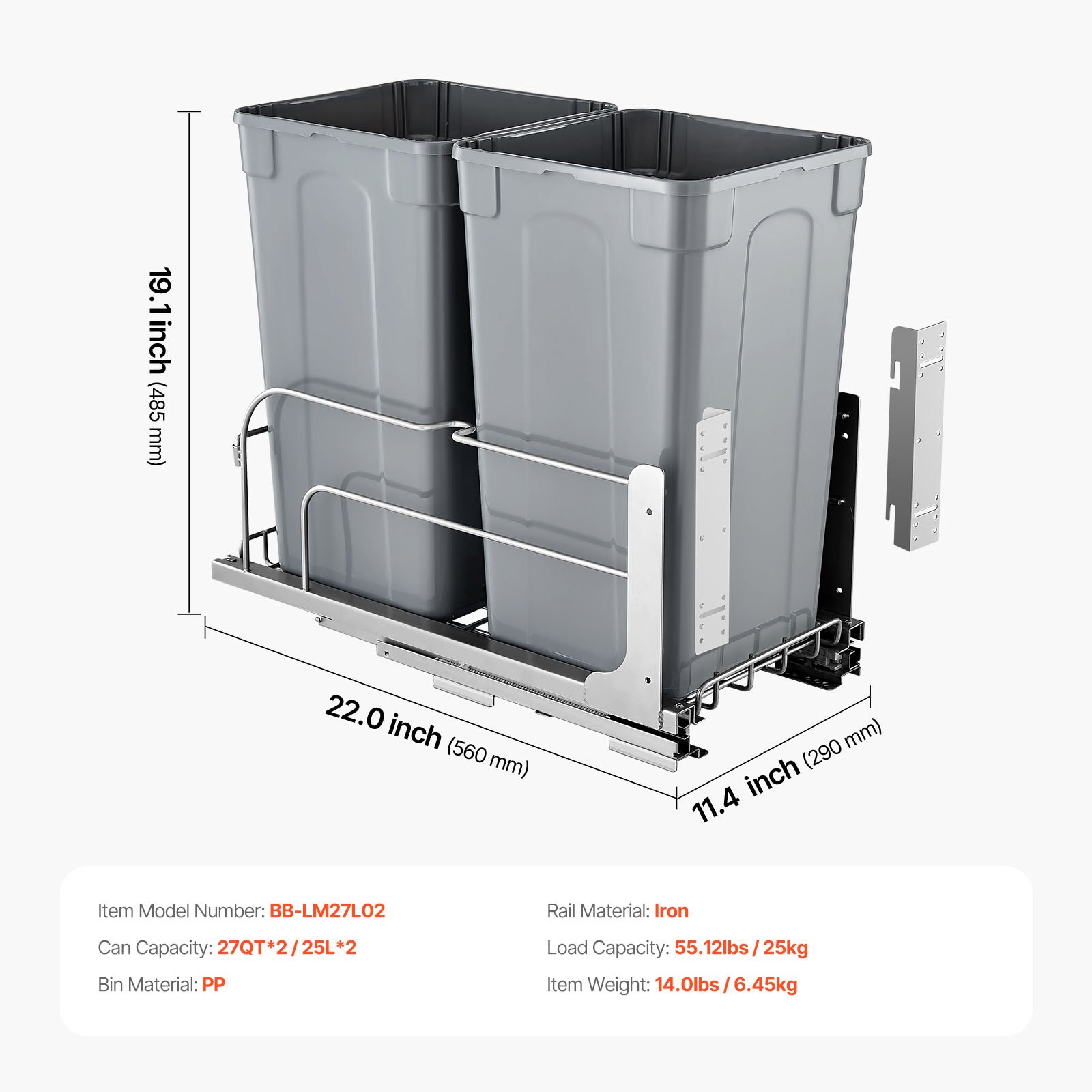 VEVOR Uittrekbare prullenbak (27 qt x 2), dubbele onderbouw-prullenbak voor in de keuken, vuilnisbak met deurset en soft-close schuif, voor keukenkastjes, spoelbak onder het aanrecht (grijs)