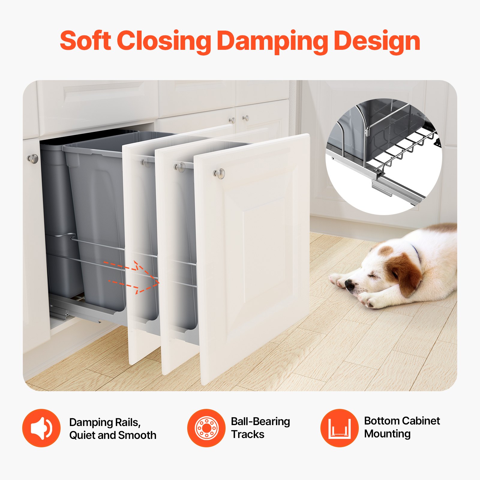 VEVOR Uittrekbare afvalbak (35 qt x2), dubbele onderbouwafvalbak voor in de keuken, prullenbak met deurset en soft-close schuif, voor keukenkastspoelbak onder het aanrecht (grijs)