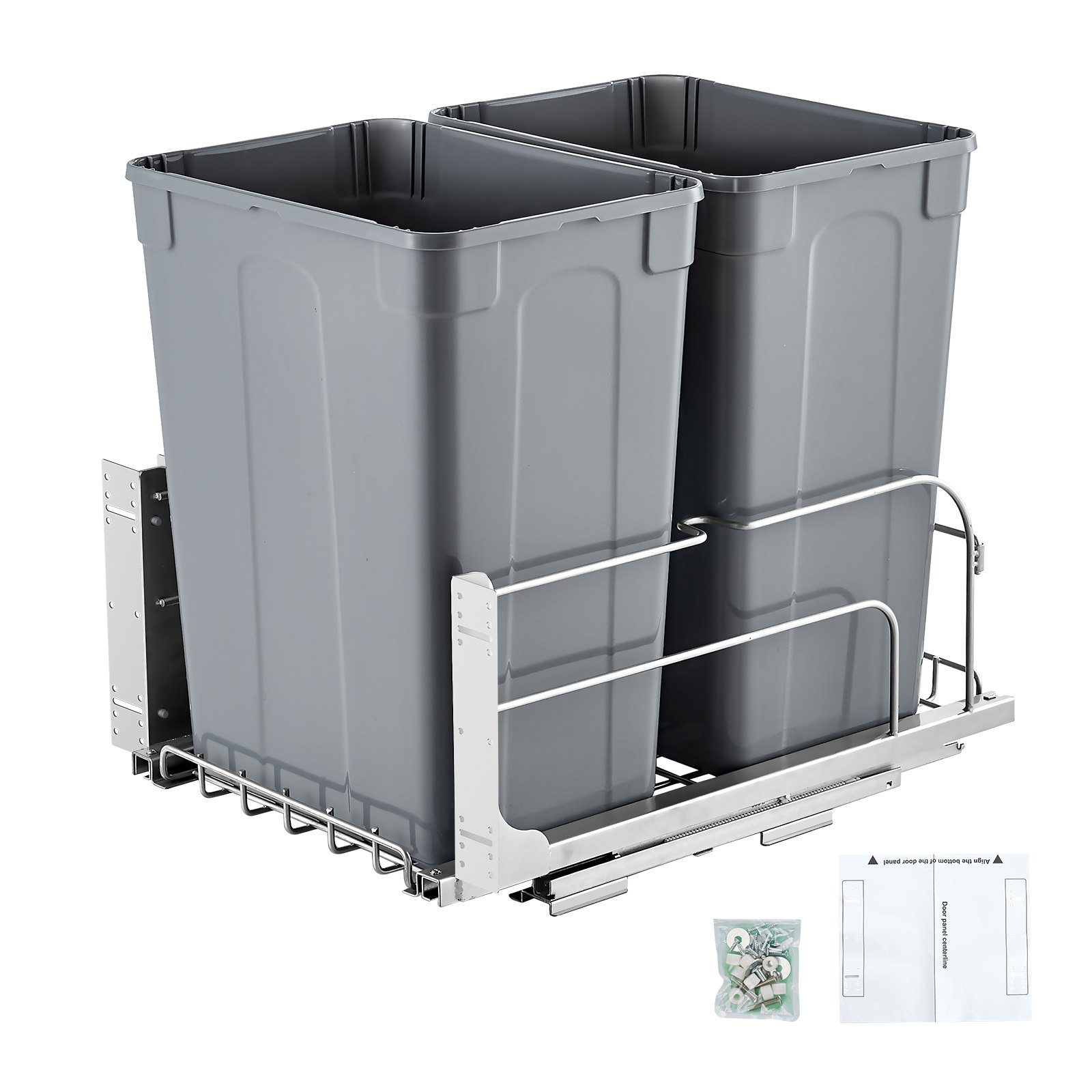 VEVOR Uittrekbare afvalbak (35 qt x2), dubbele onderbouwafvalbak voor in de keuken, prullenbak met deurset en soft-close schuif, voor keukenkastspoelbak onder het aanrecht (grijs)