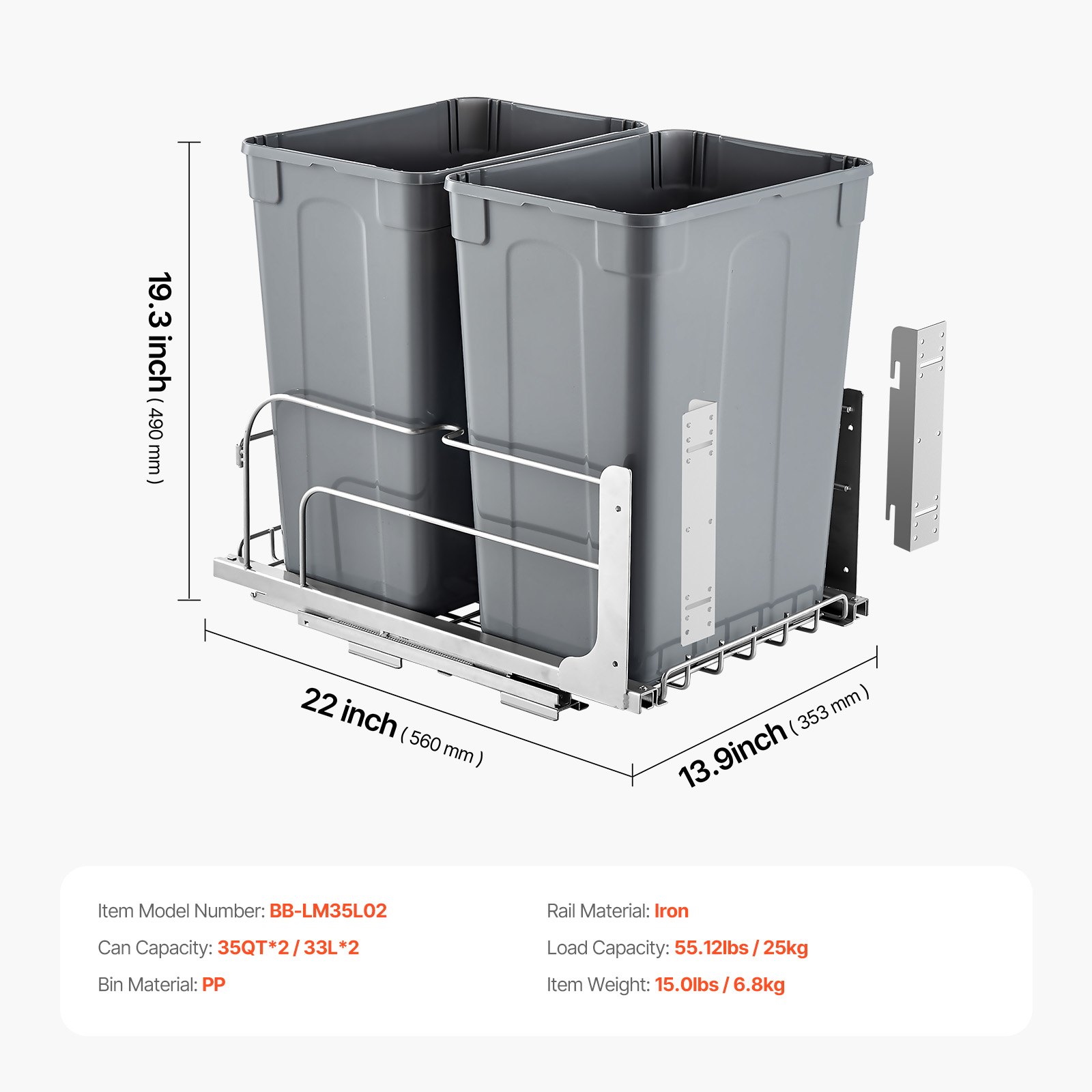 VEVOR Uittrekbare afvalbak (35 qt x2), dubbele onderbouwafvalbak voor in de keuken, prullenbak met deurset en soft-close schuif, voor keukenkastspoelbak onder het aanrecht (grijs)