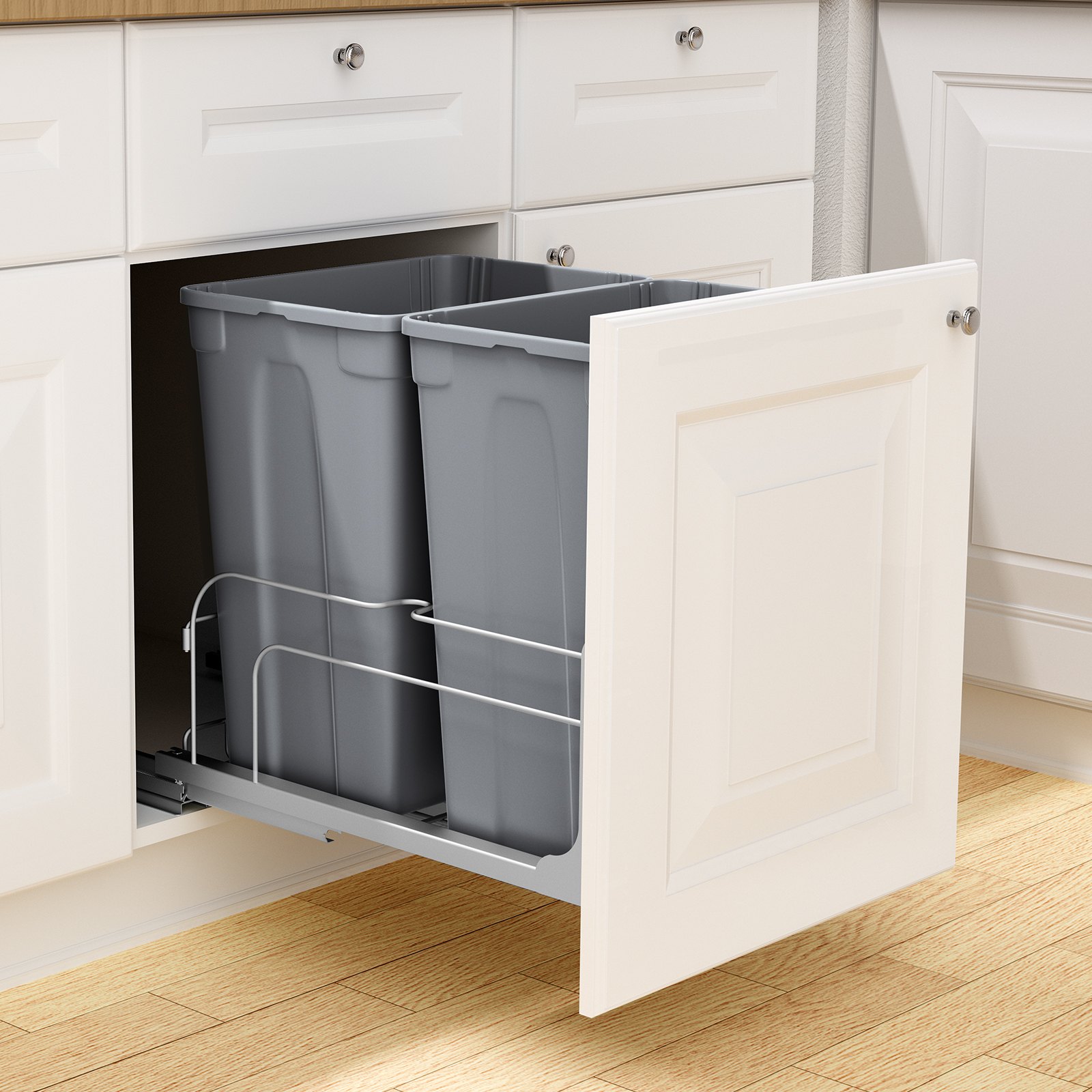 VEVOR Uittrekbare afvalbak (35 qt x2), dubbele onderbouwafvalbak voor in de keuken, prullenbak met deurset en soft-close schuif, voor keukenkastspoelbak onder het aanrecht (grijs)