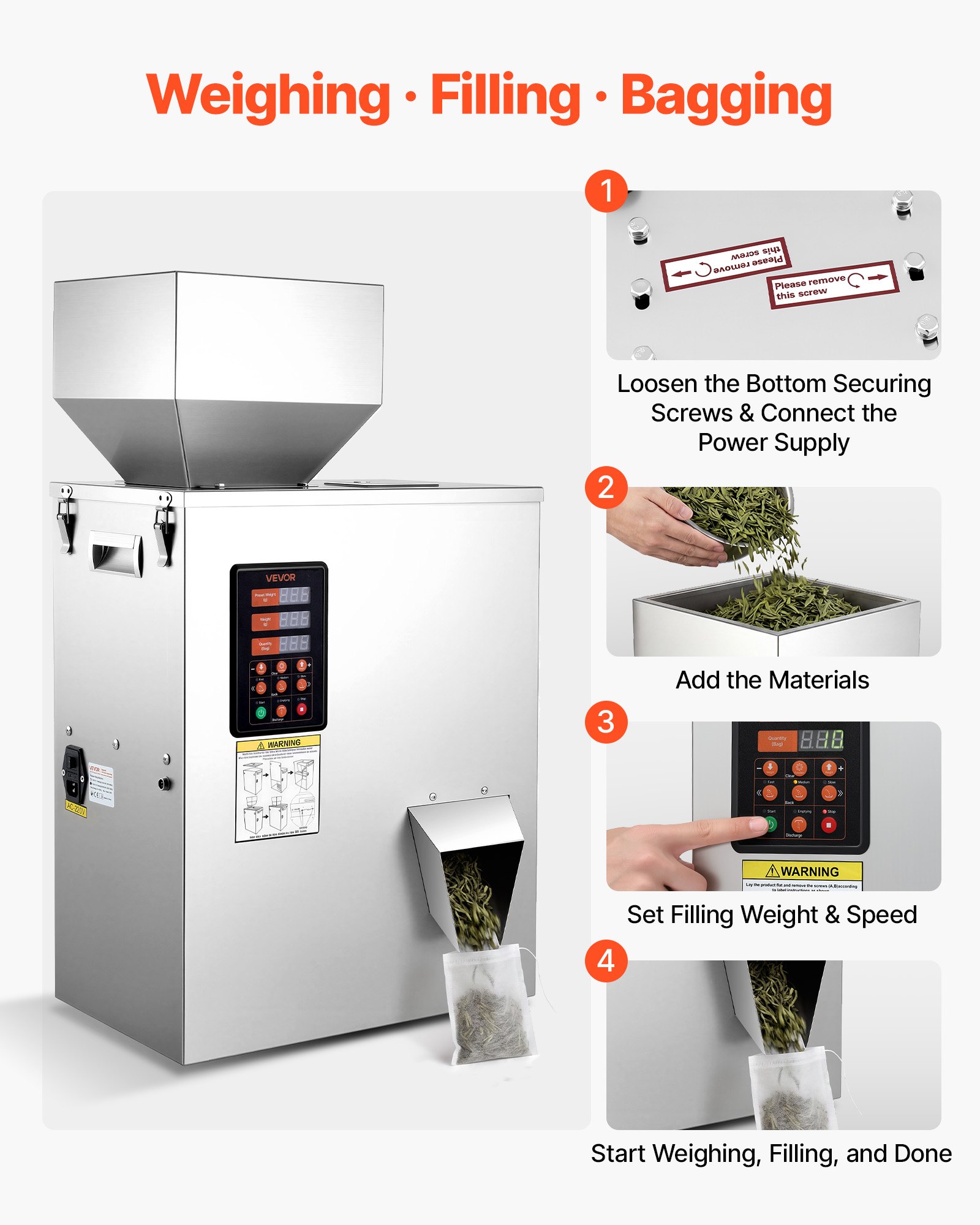 VEVOR Poederdoseermachine, Deeltjesdispenser, Automatische Poedervuller, 10-500 g, Intelligent Wegen & Vullen, Roestvrijstalen Constructie, Hoge Nauwkeurigheid, Ideaal voor Noten, Zaden, Thee, Koffiebonen, Specerijen, Meel