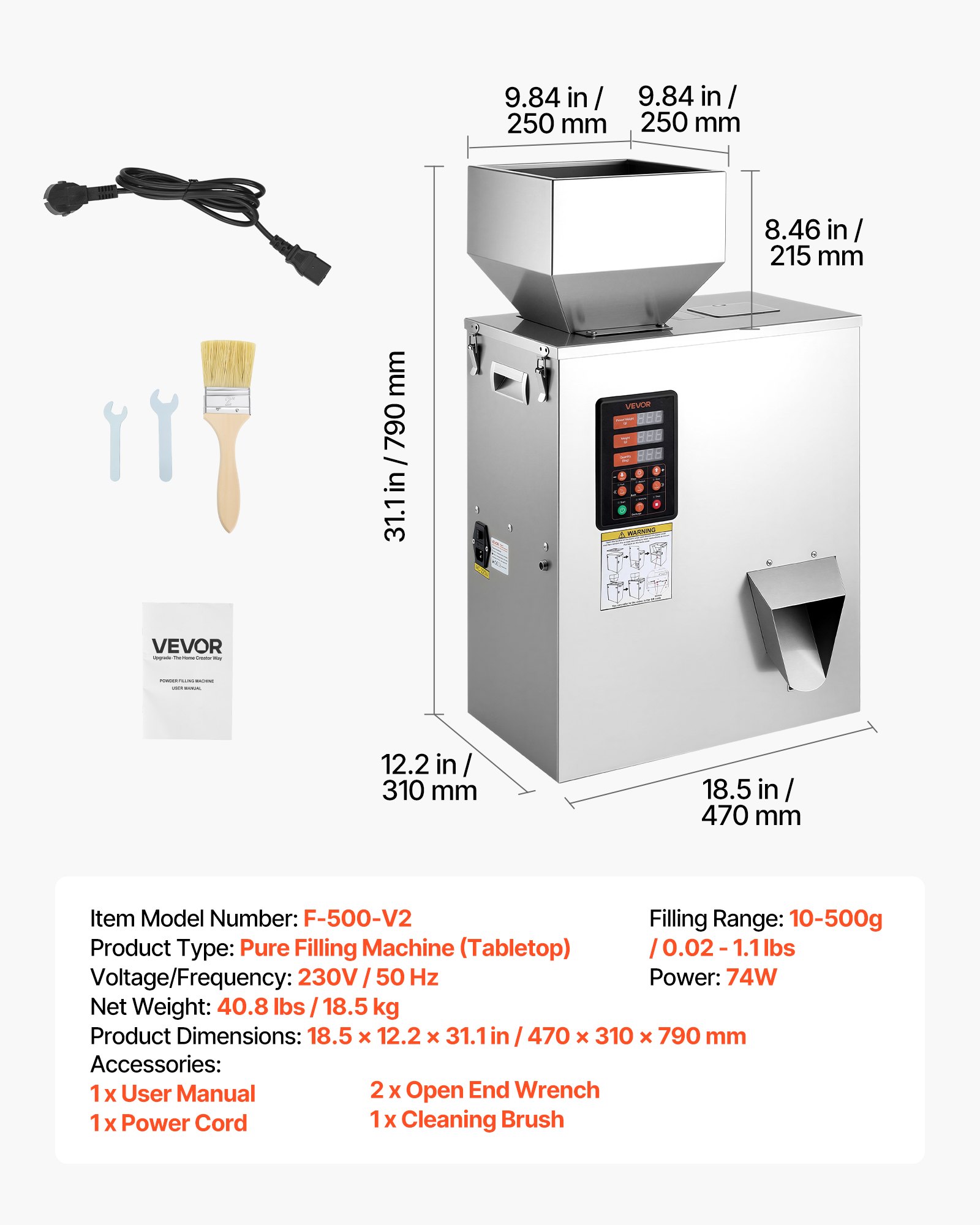 VEVOR Poederdoseermachine, Deeltjesdispenser, Automatische Poedervuller, 10-500 g, Intelligent Wegen & Vullen, Roestvrijstalen Constructie, Hoge Nauwkeurigheid, Ideaal voor Noten, Zaden, Thee, Koffiebonen, Specerijen, Meel