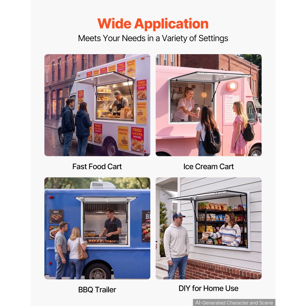 VEVOR Verkoopraam voor Foodtrucks 915 x 915 mm Verkoopraam Ideaal voor straatverkoop, afhaal en drive-through, opent tot 85°, met dubbele afdichtingsstrips en intern vergrendelingsmechanisme