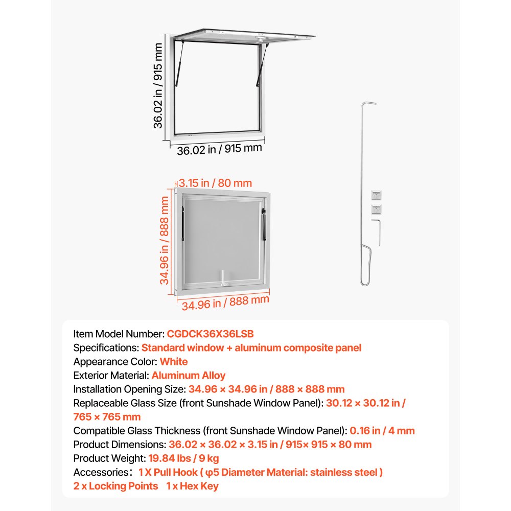 VEVOR Verkoopraam voor Foodtrucks 915 x 915 mm Verkoopraam Ideaal voor straatverkoop, afhaal en drive-through, opent tot 85°, met dubbele afdichtingsstrips en intern vergrendelingsmechanisme