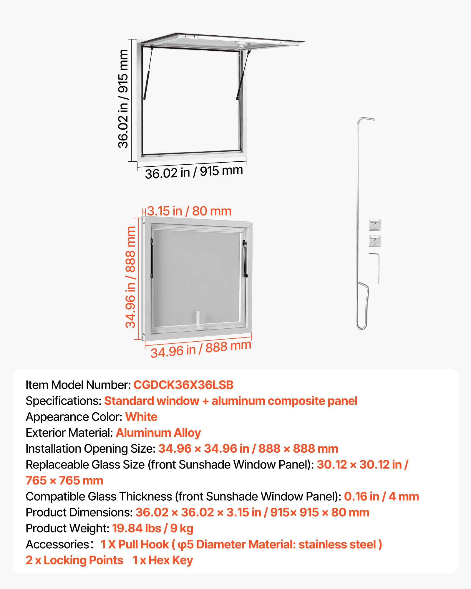 VEVOR Verkoopraam voor Foodtrucks 915 x 915 mm Verkoopraam Ideaal voor straatverkoop, afhaal en drive-through, opent tot 85°, met dubbele afdichtingsstrips en intern vergrendelingsmechanisme