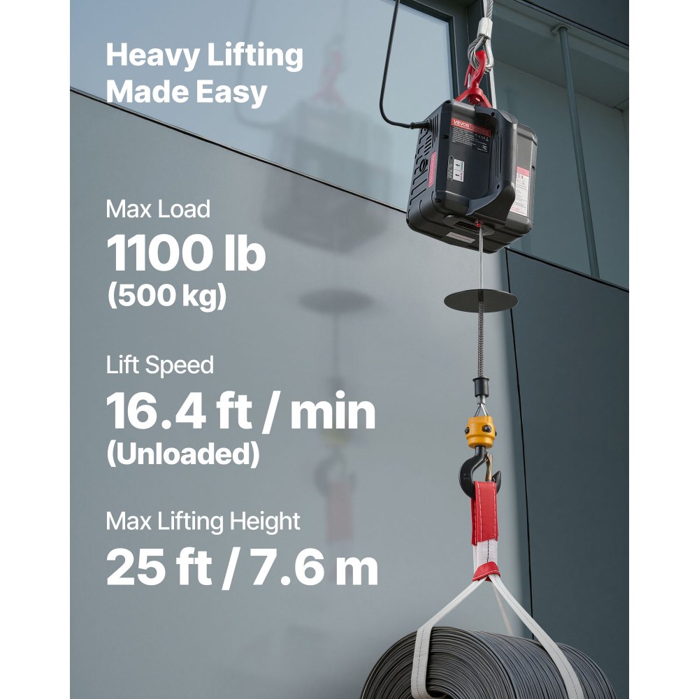 VEVOR elektrische lier, hefvermogen 500 kg, 2-in-1 elektrische takel, 1500 W, hefhoogte 7,6 m, hefsnelheid 5 m/min, met handmatige en draadloze afstandsbediening voor fabriek, magazijn en garage.
