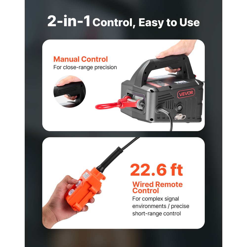 VEVOR elektrische lier, 2-in-1 takel, 500 kg, 1500 W trekkracht, 7,6 m hefhoogte, 5 m/min hefsnelheid, met handmatige en bedrade afstandsbediening voor fabriek, magazijn en garage