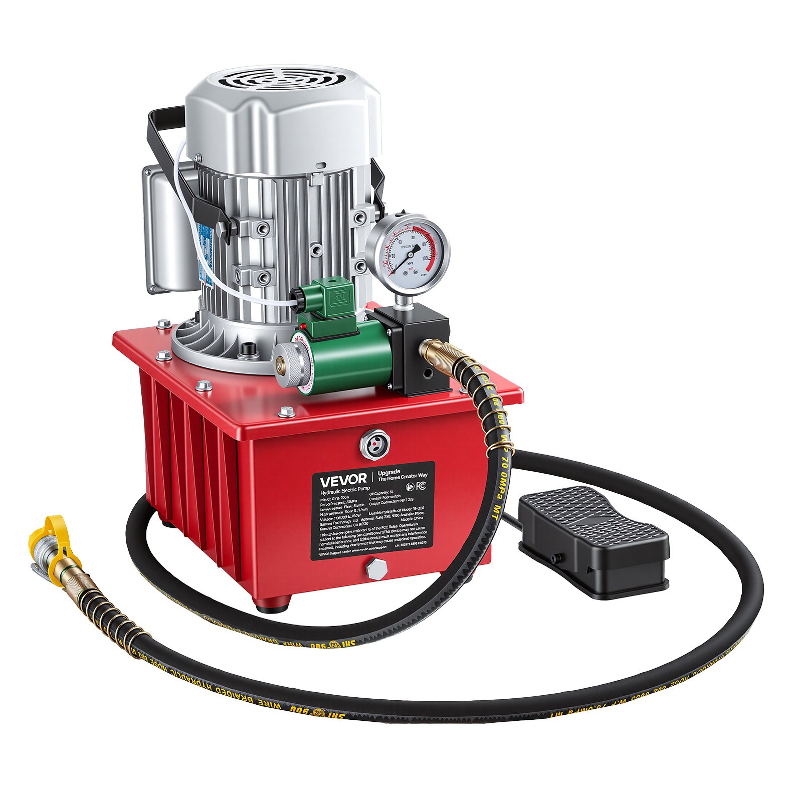 VEVOR elektrische hydraulische pomp 750 W, enkelwerkende elektrohydraulische pomp 10000 PSI, hydraulische krachtbron, magneetventiel met voetschakelaar, 8 liter olietank, voor ponsen, buigen en enkelwerkende cilinders.