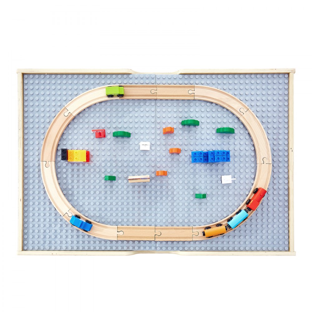 VEVOR Activiteitentafel, 290 bouwstenen en 30-delige houten treinset, trein, voertuigen, rails en accessoires, houten speeltafel voor kinderen met opbergruimte voor kinderen vanaf 3 jaar