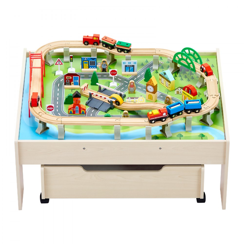 VEVOR Houten Activiteitentafel, 100-delige Treintafel met Rollade, 3-in-1 Houten Treinset om mee te Spelen, Schilderen, Lezen, Eten, Creatieve Speelgoedset voor Kinderen vanaf 3 Jaar
