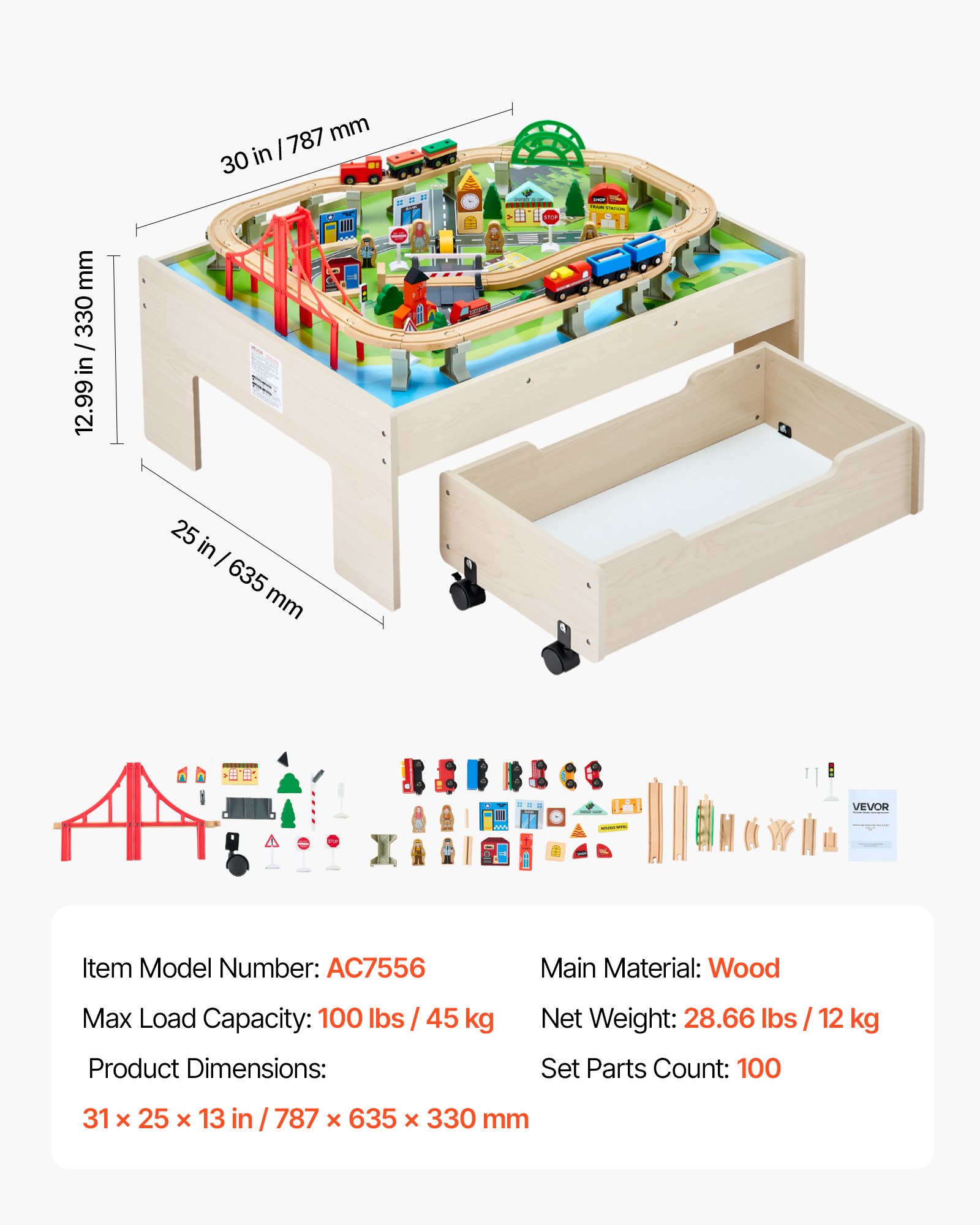 VEVOR Houten Activiteitentafel, 100-delige Treintafel met Rollade, 3-in-1 Houten Treinset om mee te Spelen, Schilderen, Lezen, Eten, Creatieve Speelgoedset voor Kinderen vanaf 3 Jaar