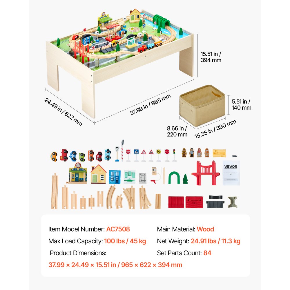 VEVOR Houten Activiteitentafel, 84 Stukken, met Opvouwbare Opbergcontainer, 3-in-1 Treinset om mee te Spelen, Schilderen, Lezen, Eten, Creatieve Speelgoedset voor Kinderen vanaf 3 Jaar