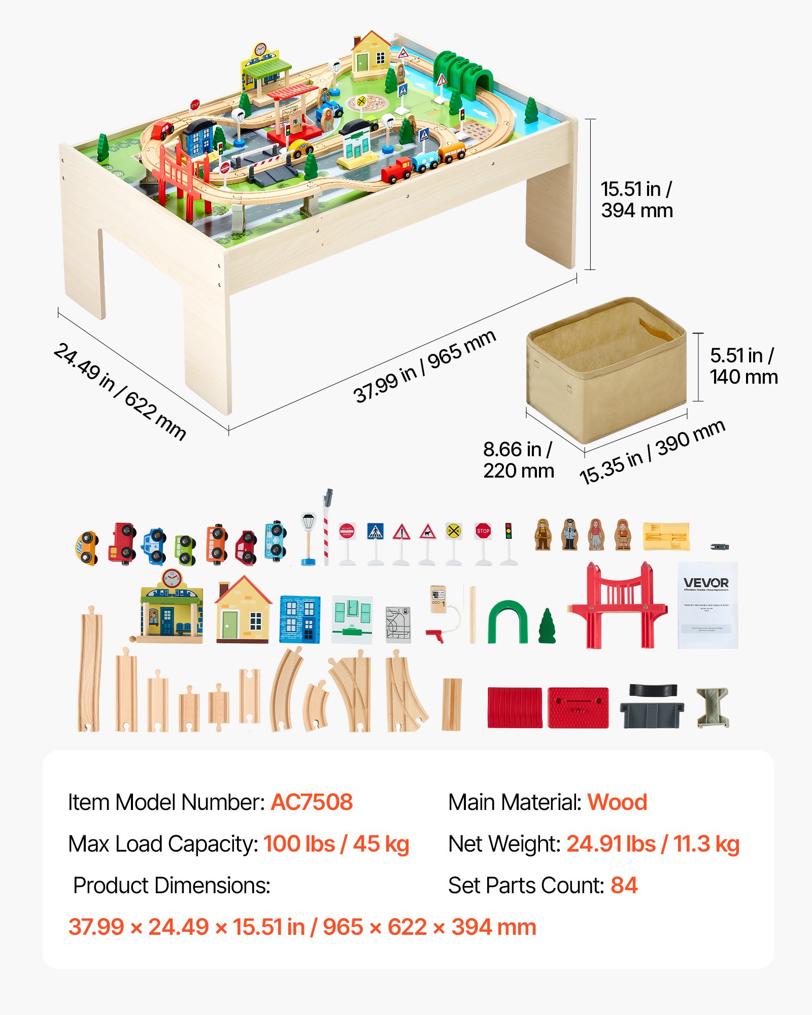 VEVOR Houten Activiteitentafel, 84 Stukken, met Opvouwbare Opbergcontainer, 3-in-1 Treinset om mee te Spelen, Schilderen, Lezen, Eten, Creatieve Speelgoedset voor Kinderen vanaf 3 Jaar