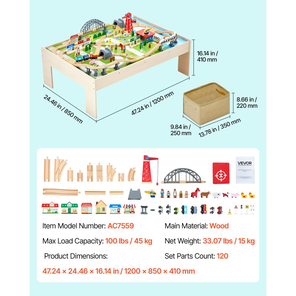 VEVOR Houten Activiteitentafel, 120 Stukken, met Opvouwbare Opbergcontainer, 3-in-1 Treinset om mee te Spelen, Schilderen, Lezen, Eten, Creatieve Speelgoedset voor Kinderen vanaf 3 Jaar