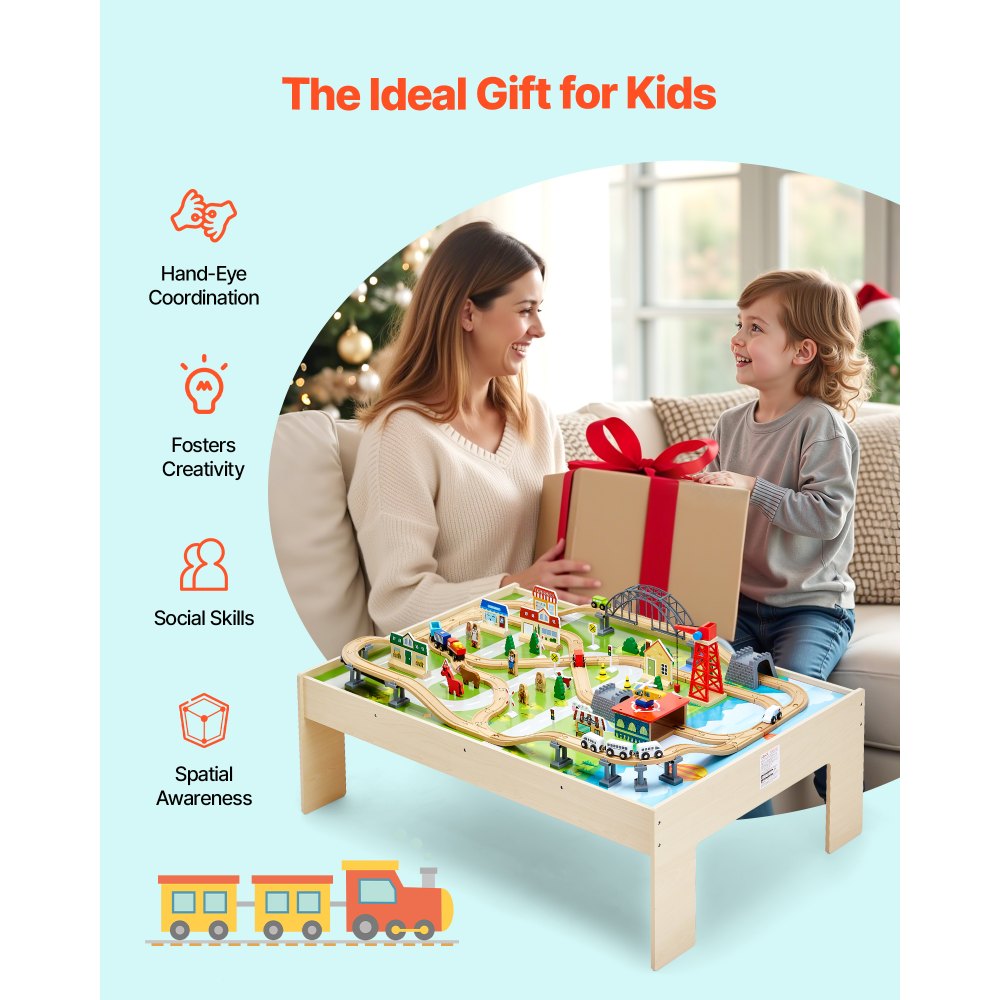 VEVOR Houten Activiteitentafel, 120 Stukken, met Opvouwbare Opbergcontainer, 3-in-1 Treinset om mee te Spelen, Schilderen, Lezen, Eten, Creatieve Speelgoedset voor Kinderen vanaf 3 Jaar