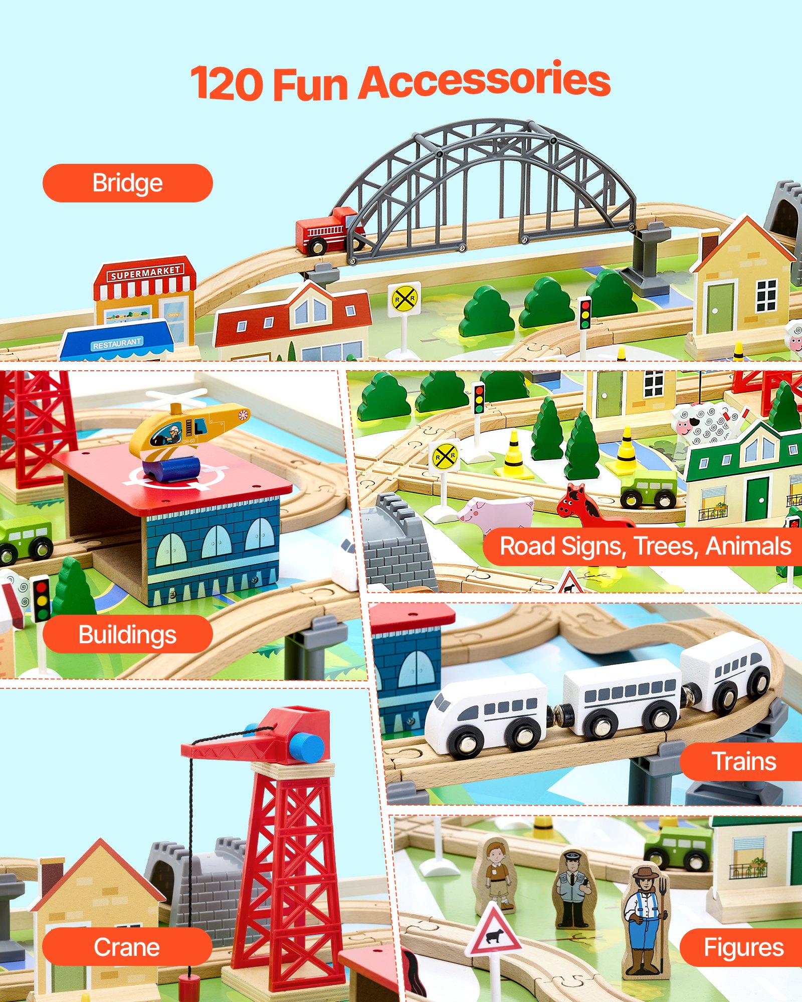 VEVOR Houten Activiteitentafel, 120 Stukken, met Opvouwbare Opbergcontainer, 3-in-1 Treinset om mee te Spelen, Schilderen, Lezen, Eten, Creatieve Speelgoedset voor Kinderen vanaf 3 Jaar