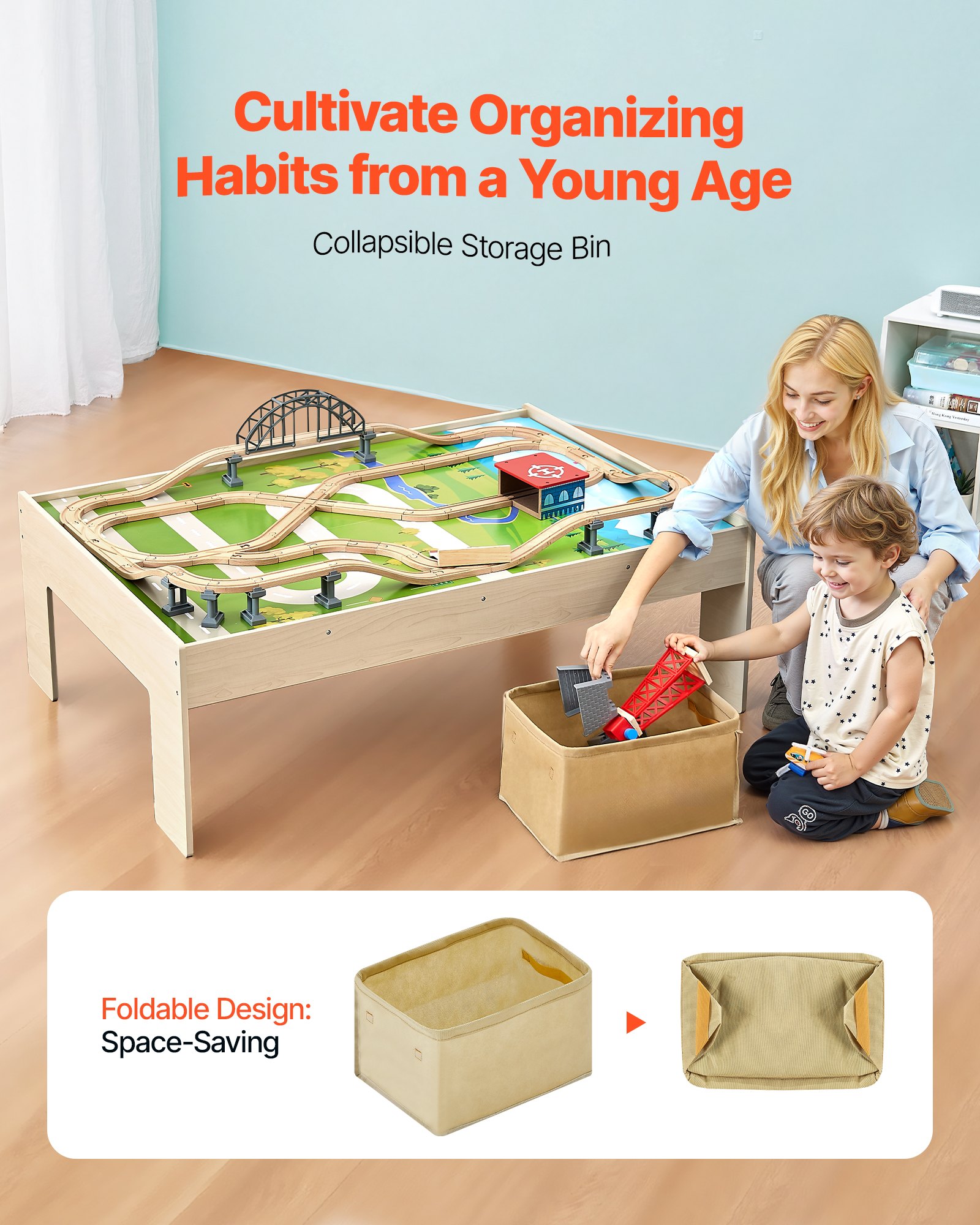 VEVOR Houten Activiteitentafel, 120 Stukken, met Opvouwbare Opbergcontainer, 3-in-1 Treinset om mee te Spelen, Schilderen, Lezen, Eten, Creatieve Speelgoedset voor Kinderen vanaf 3 Jaar