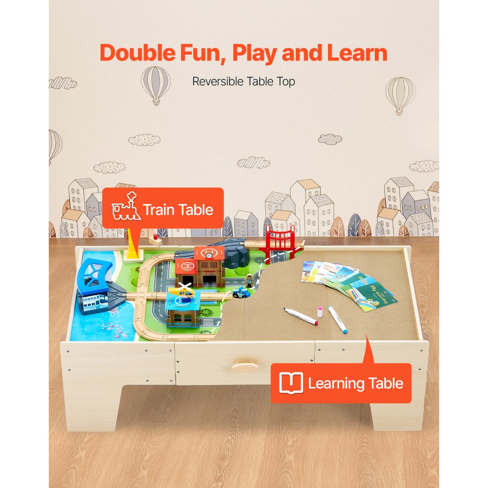 VEVOR Houten Activiteitentafel, 62-delige Kindertafel met Grote Lade, 3-in-1 Treinset om mee te Spelen, Schilderen, Lezen, Eten, Creatieve Speelgoedset voor Kinderen vanaf 3 Jaar